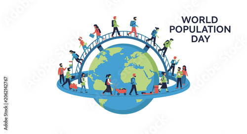 Fotografi World Population Day illustration showing diverse people walking around the globe, symbolizing global community and interconnectedness