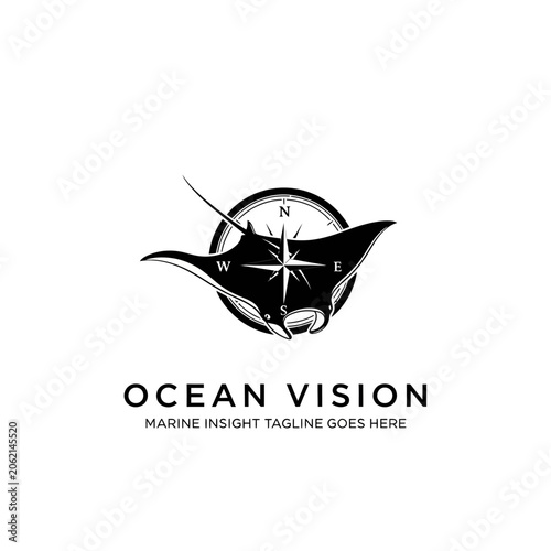 Bilde på lerret Monochrome design of a manta ray overlaid on a compass for seafaring vision branding