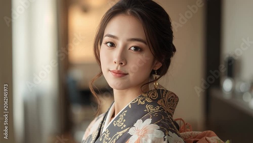 現代的なホテル室内で和装を着こなす女性の上質ポートレート写真