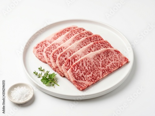 Raw slices of premium Japanese wagyu beef arranged on a white ceramic plate with parsley and sea salt