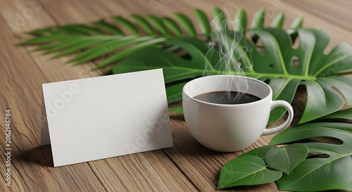 Coffee Cup on Wooden Surface with Green Tropical Leaves and Blank Card for Relaxation and Nature Theme.