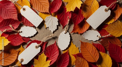 Colorful Autumn Leaves and Blank Tags for Decoration or Shopping.