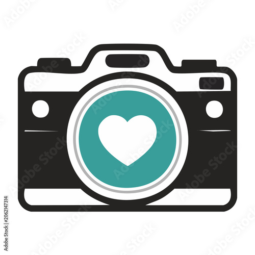 Camera icon with heart lens in flat design