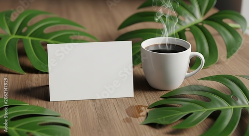 Minimalist Coffee Scene with Green Leaves and Blank Card in a Cozy Setting.
