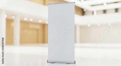 Modern Blank Vertical Banner Stand in Bright Exhibition Space.