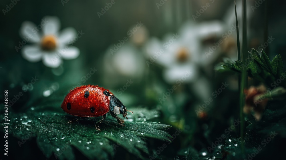 Obraz premium Vibrant red insect rests upon a dew covered leaf amidst soft focus blossoms.