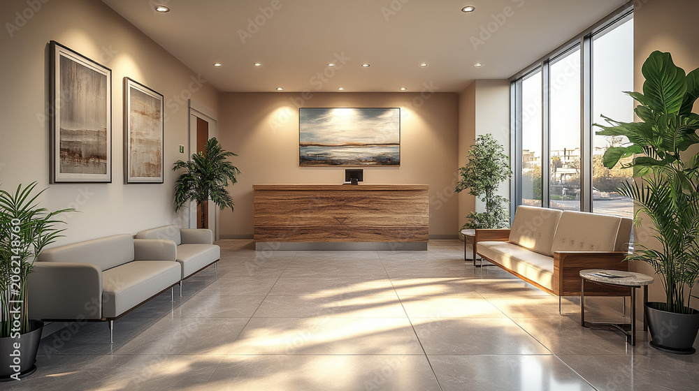 Fototapeta premium Modern Lobby Reception Area with Seating and Artwork