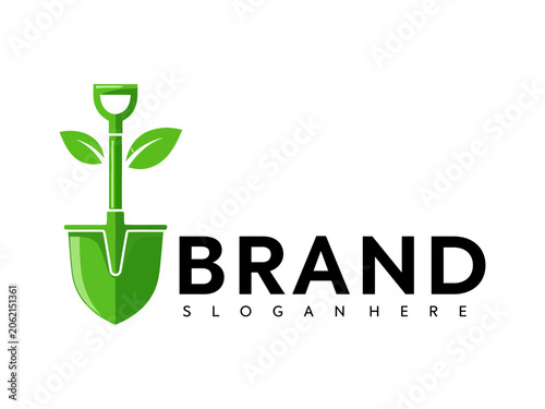 Fotografia Green shovel with leaves grows from logo symbolizing brand growth and nature
