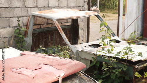 Fotografía Abandoned Vintage Truck Body Overgrown with Weeds in Junkyard