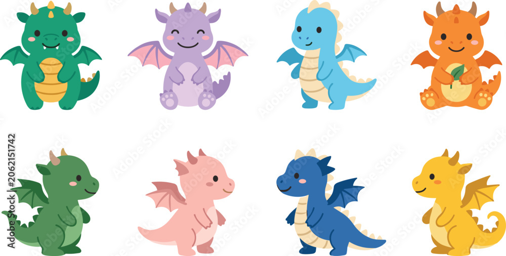 Obraz premium Cute Baby Dragon Cartoon Character Vector Icon Set Featuring Colorful Mythical Creatures with Wings and Horns for Kids Designs and Stickers