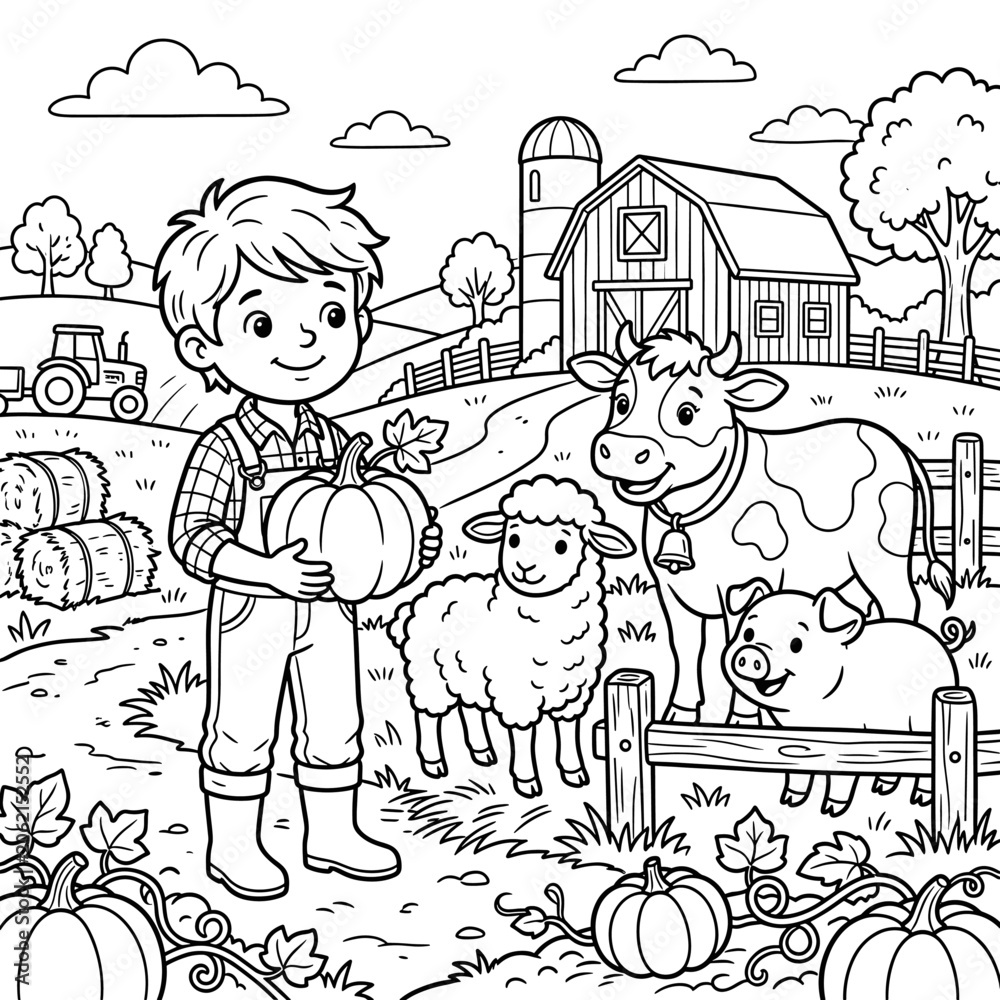 Naklejka premium Boy Farmer with Farm Animals and Pumpkins Coloring Page