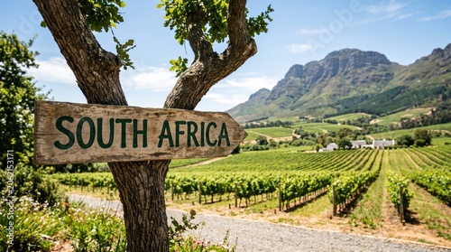 South african vineyard landscape with wooden sign