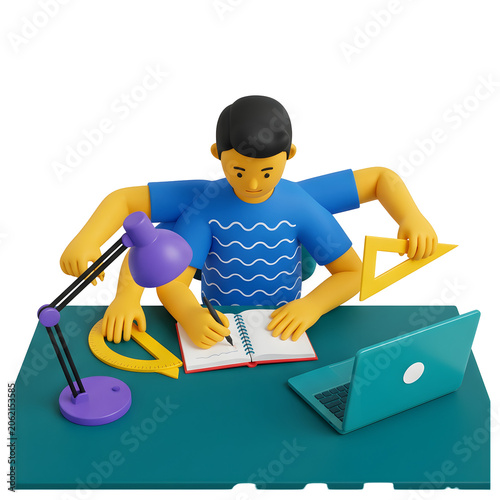 Multitasking person studying at a desk with multiple arms