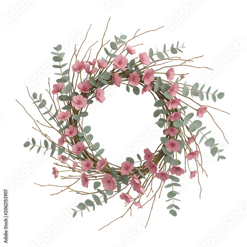 Pink Floral Wreath with Eucalyptus on White Background