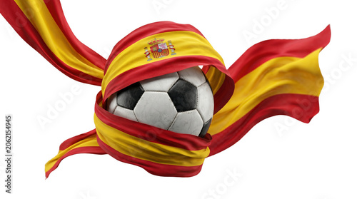 Soccer ball wrapped in the Spanish flag with flowing fabric against a white background symbolizing national pride and sport