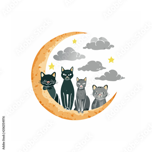 Black cat in moon phase circle illustration
