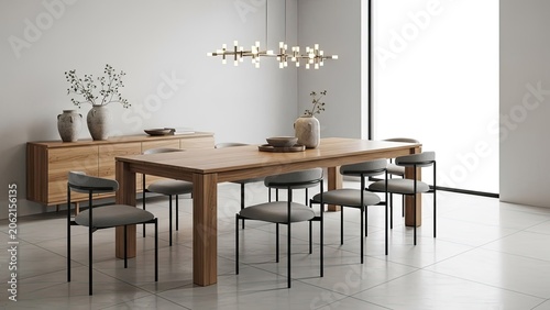 Modern Wooden Dining Room Set with Elegant Chandelier and Sideboard.