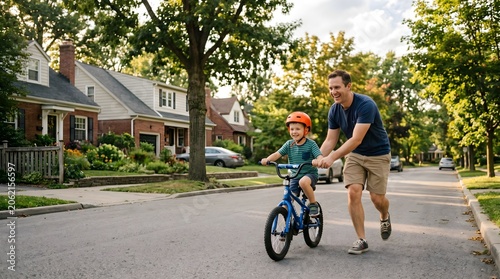 Father teaching son to ride bicycle on suburban street