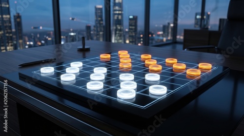 Players enjoy a game of checkers in a modern office with city skyline at night