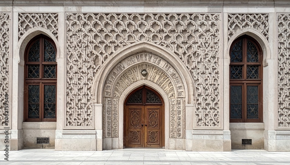 Obraz premium Intricate facade with ornate patterns and central wooden door.