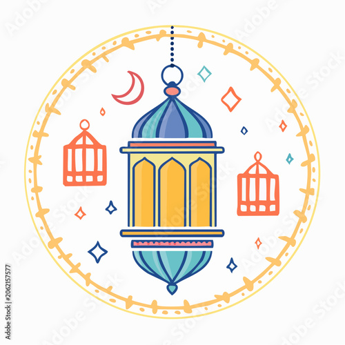 Ramadan lantern with crescent moon and stars in flat design