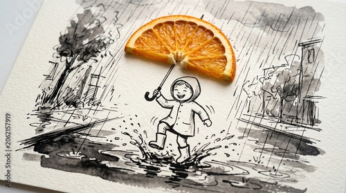 Child plays in the rain with a slice of orange on a sketch of a rainy day scene