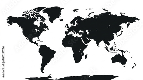 Black and white world map silhouette showing continents and countries.
