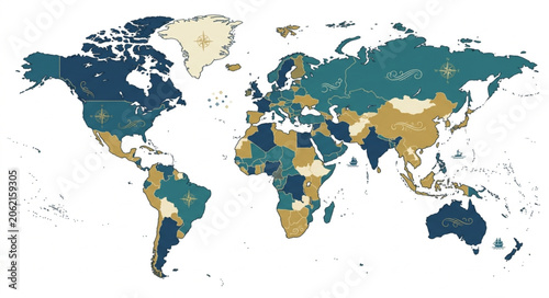 World Map Showing Different Countries With Color Variations.