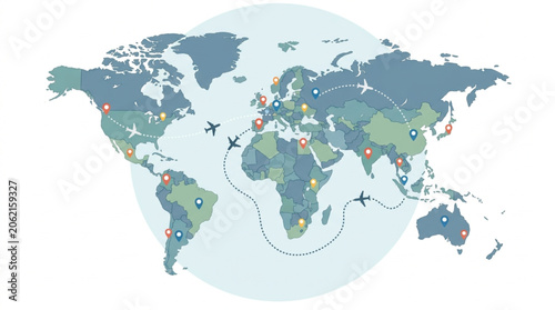 World Map Showing Global Travel Routes and Destinations.