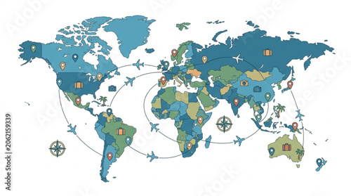 World Map with Travel Routes and Airplanes.