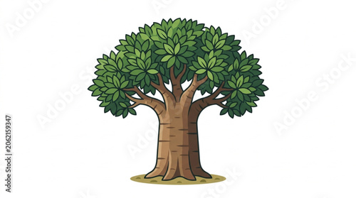 A large green tree with a thick brown trunk and many leaves.