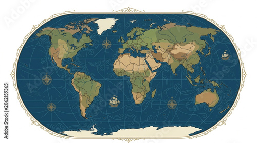 World map showing continents oceans and countries with detailed topography.