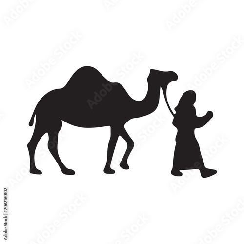 Obraz na plátně Camel and Bedouin silhouette against a white background desert travel and nomadi