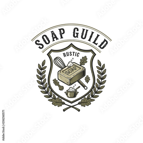 Canvastavla Artisanal soap guild emblem with soap bar and botanicals.