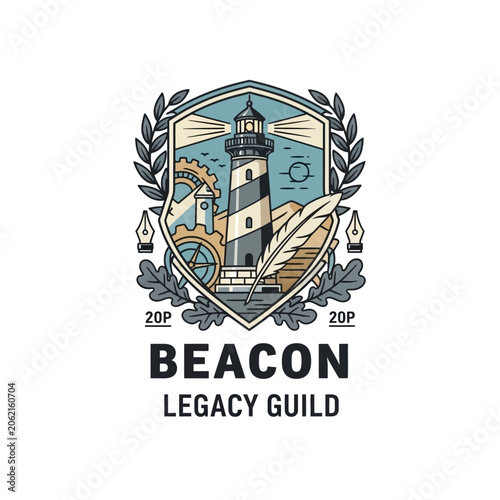 Obraz na plátně Beacon legacy guild lighthouse logo with quill and gear.