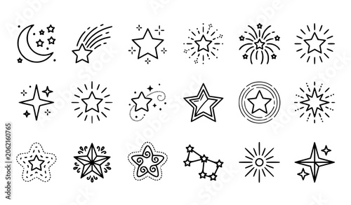 Set of star and celestial icons, collection of sparkling, shining, and night sky symbols, line art vector illustration isolated on white background.