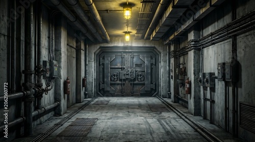 Narrow Industrial Tunnel with Exposed Pipes and Wires
