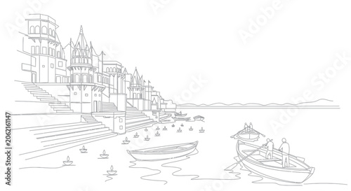 Foto Riverside ghats with traditional boats and ancient temples