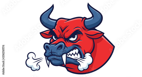 Φωτογραφία Angry red bull head mascot snorting steam with sharp horns