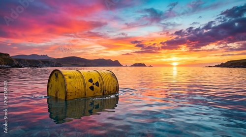 Yellow Radioactive Waste Barrel Floating in the Ocean at Sunset