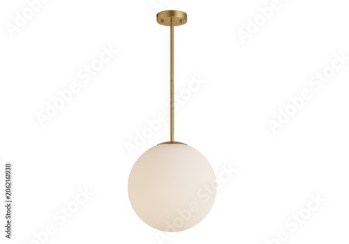 Modern pendant light with brass rod and frosted white globe isolated on white background