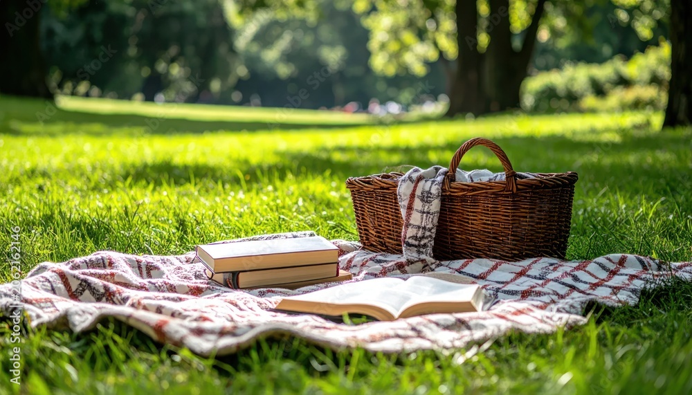 Fototapeta premium Picnic scene a wicker basket, books, and blanket on green grass in a sunlit park