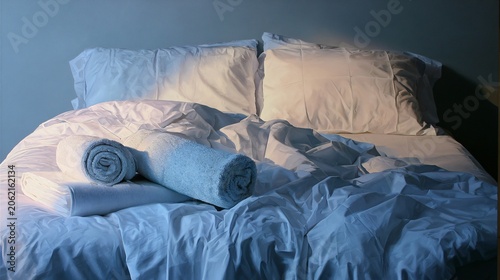 Elegant White Bedding with Pillows and Towels Abstract Art