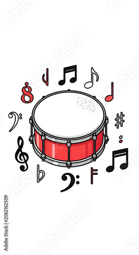 Red Snare Drum with Musical Notes Isolated Transparent Background