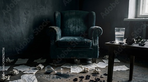 Empty green armchair in a dark room with papers scattered on the floor