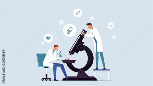 Two scientists examine a specimen with a microscope in a laboratory setting.