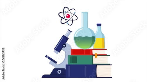 A scientist examines a beaker on a stack of books with a microscope and atom nearby in a laboratory setting.