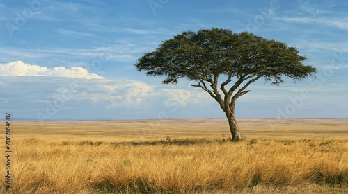 Solitary Umbrella Acacia Tree in Vast Serengeti Savanna
