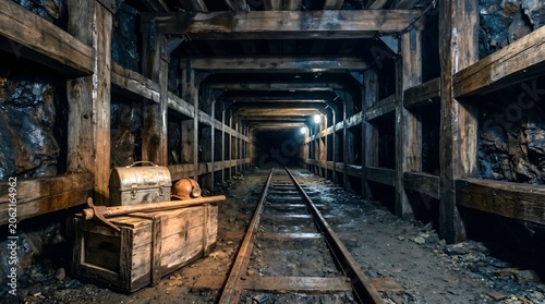 Dark underground mine tunnel with wooden supports and railway tracks