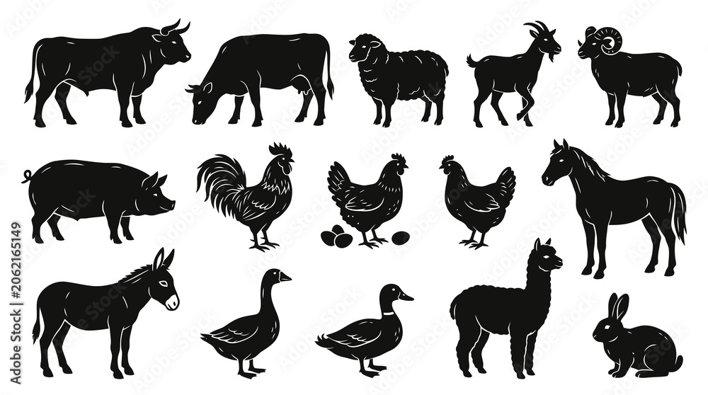 Fototapeta premium Black White Silhouette Farm Animals Collection, Barnyard Livestock Icons Set